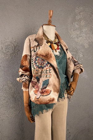 Krem nubuk ceket, çiçek ve kuş desenli, vintage tarzı, kadın oversize blazer, önden görünüm