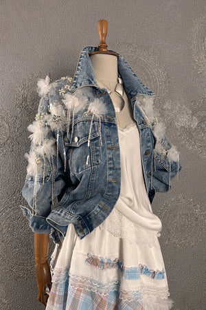 Çiçek İşlemeli Denim Ceket