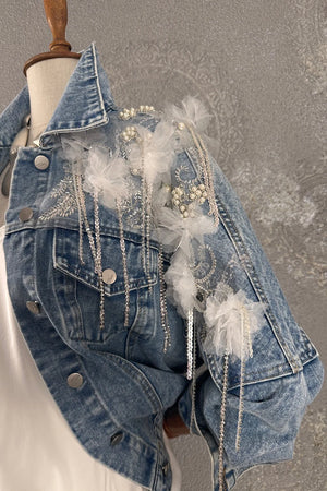Çiçek İşlemeli Denim Ceket