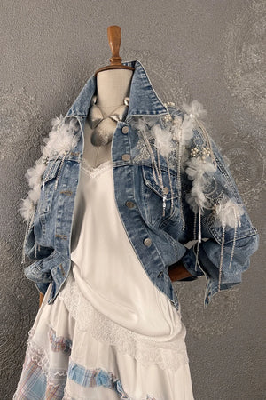 Çiçek İşlemeli Denim Ceket