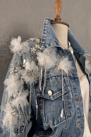 Çiçek İşlemeli Denim Ceket