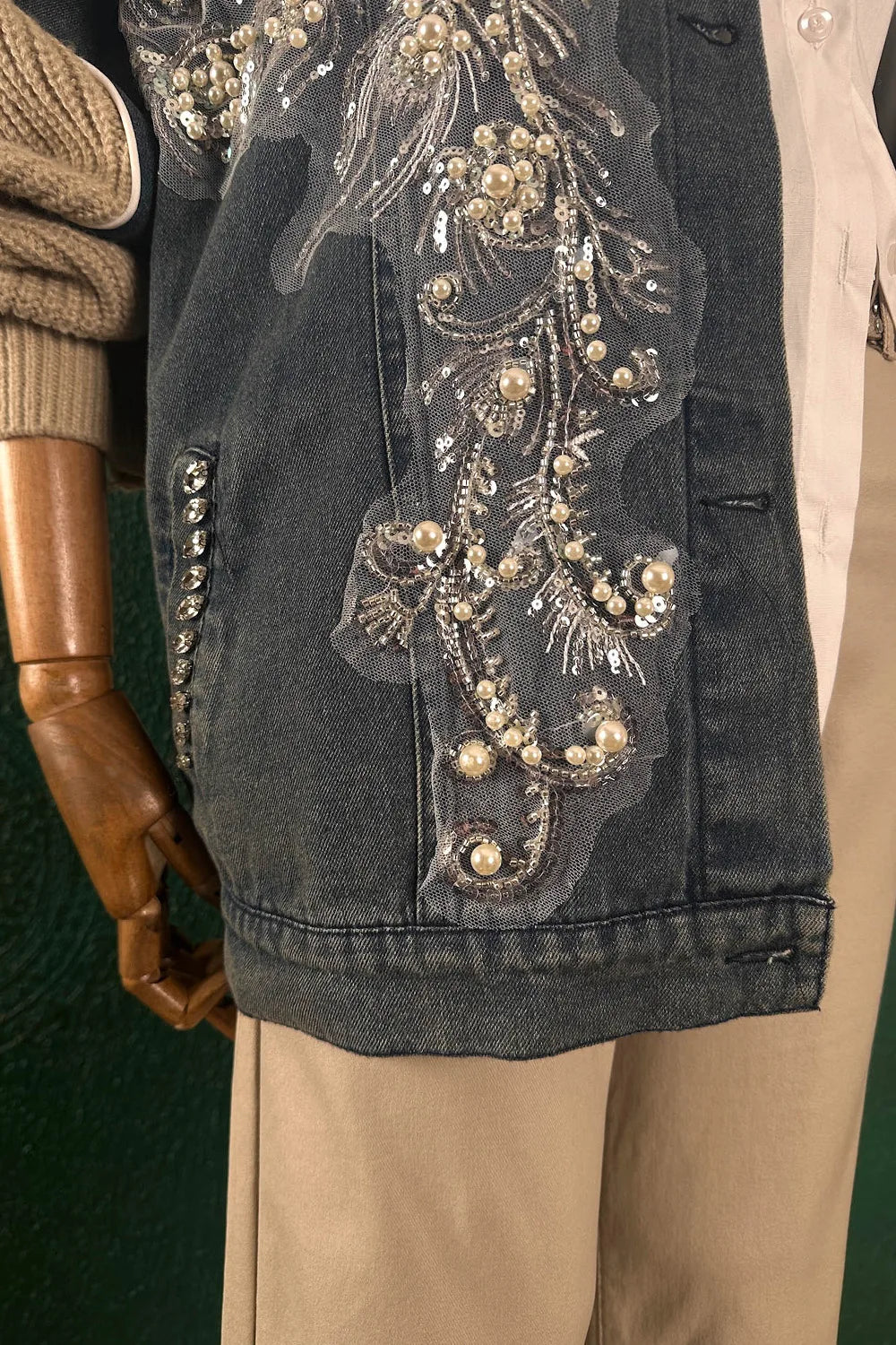 Taş işlemeli Trikolu Denim Ceket