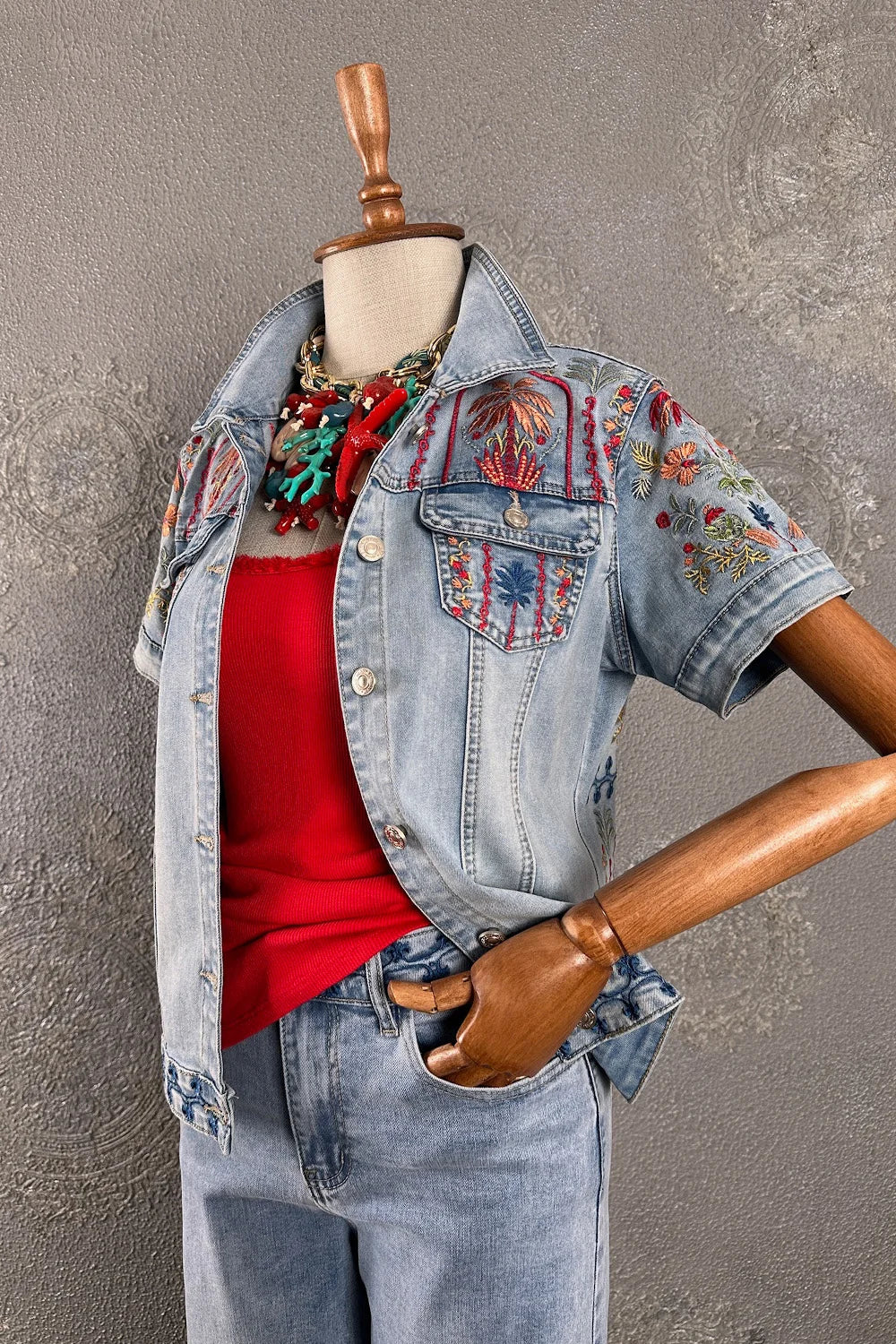 İşlemeli Denim Takım