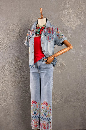 İşlemeli Denim Takım