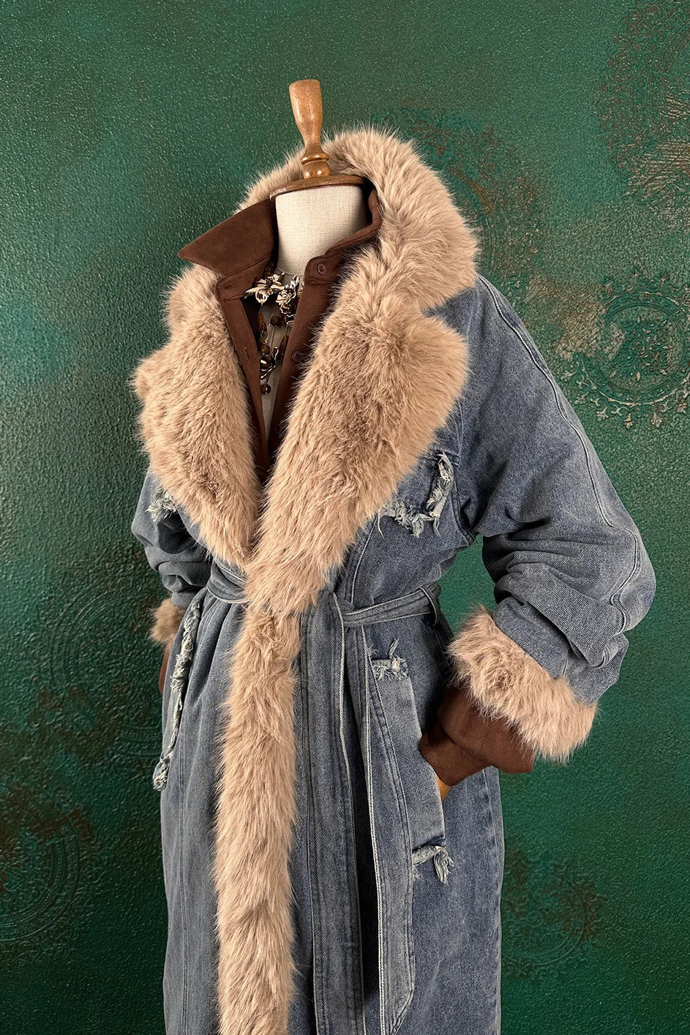 Kürk Detaylı Denim Kaban