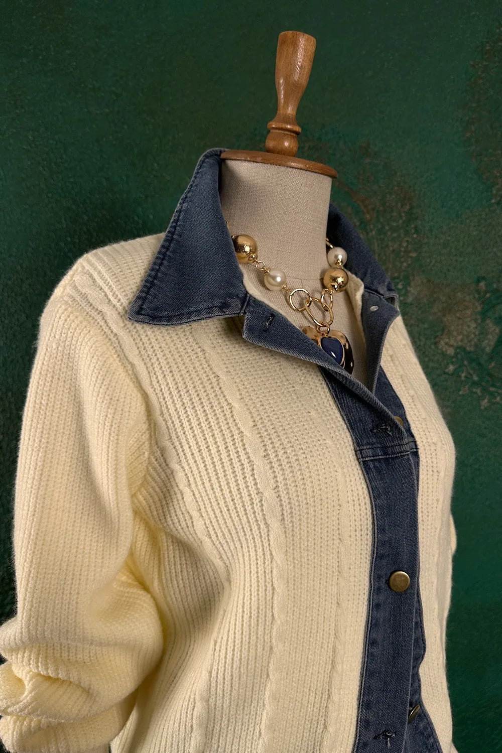 Denim Detaylı Triko Ceket